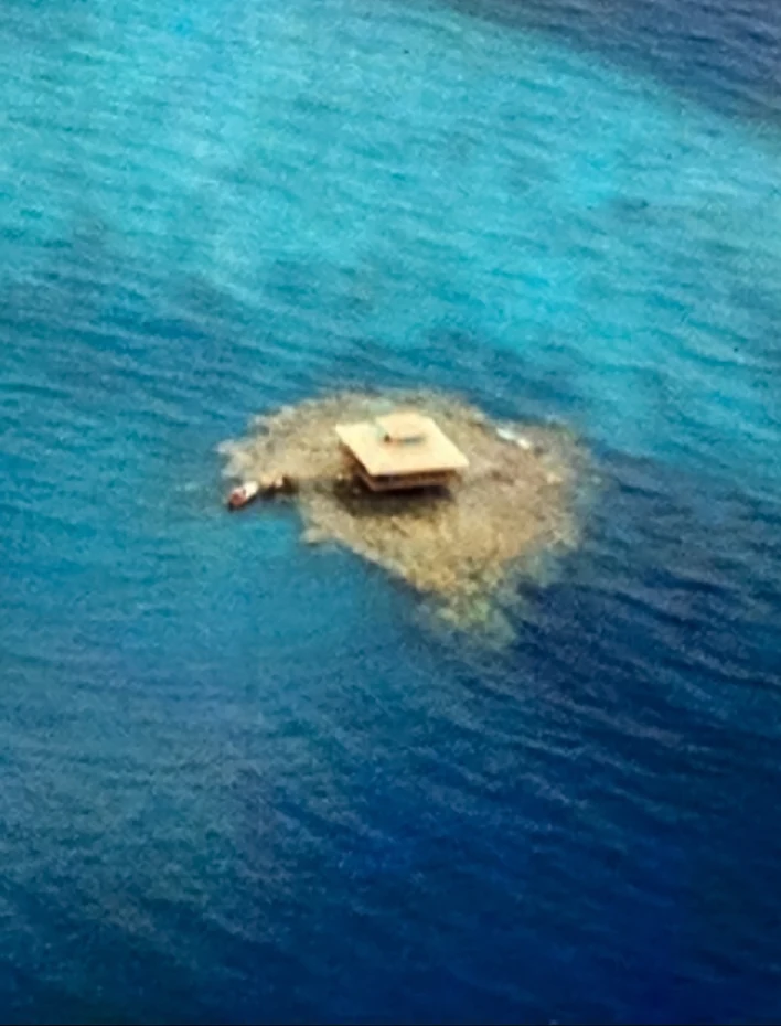 A hut on a tiny sandbank ringed by reef, seen from the air